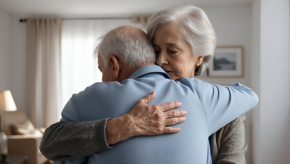 Older couple embrace providing comfort when conversation can be difficult