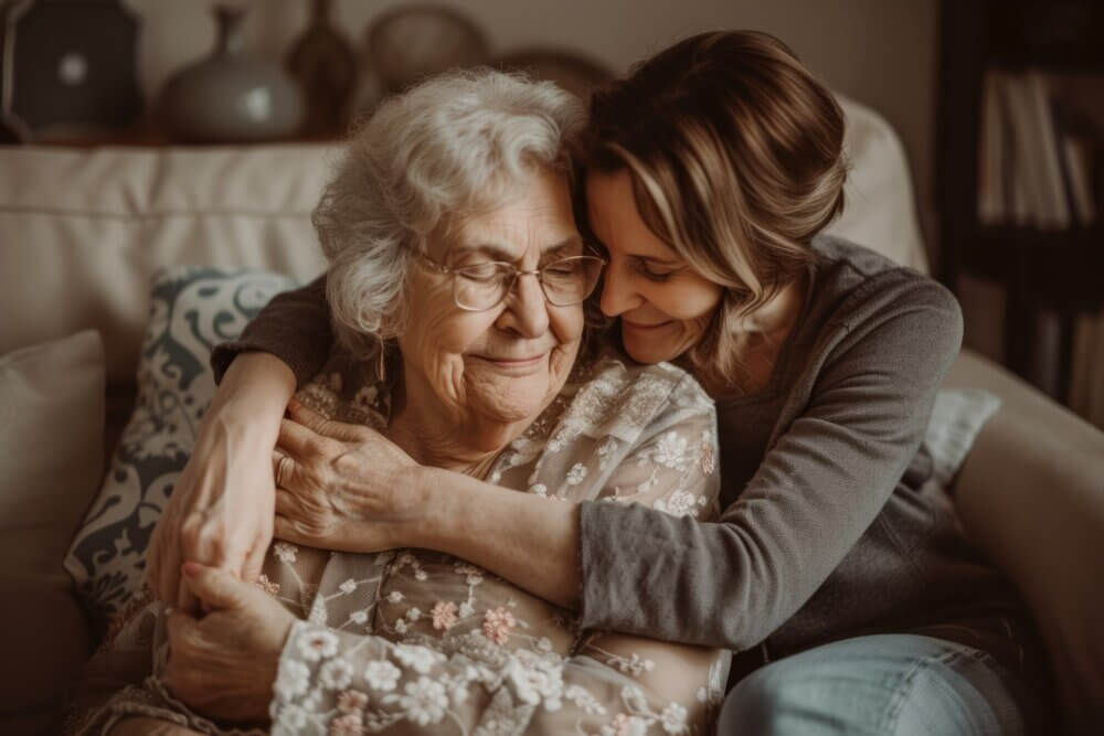 Mother and daughter hug, providing reassurance when dementia conversations are difficult